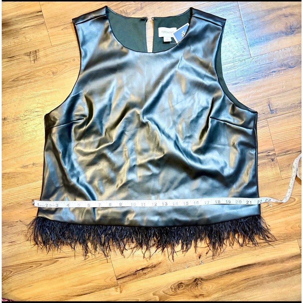 FORCYNTHIA Black Faux Leather Feather Trim Sleeveless Top Size L